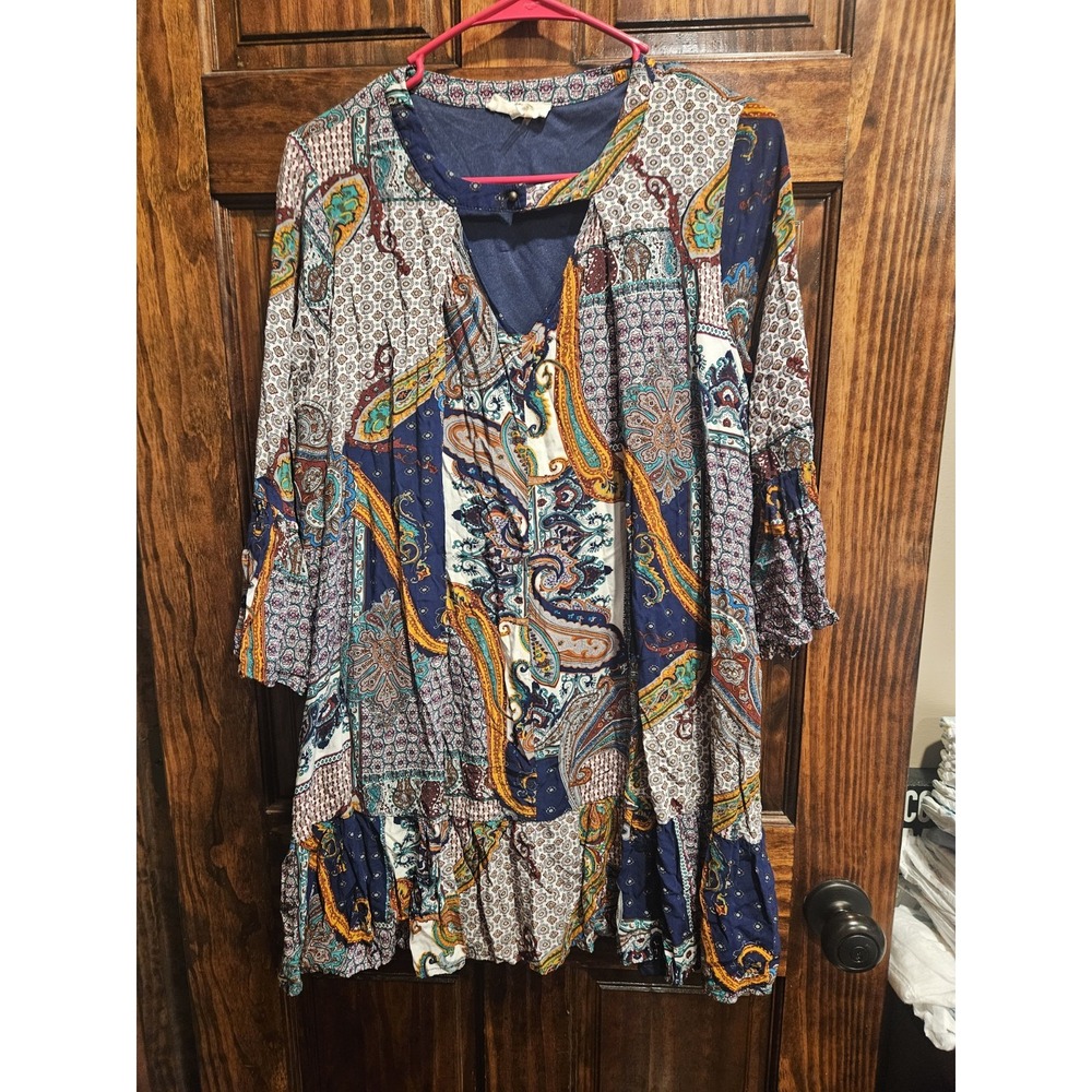 Entro Boho Paisley Tunic Blouse Womens Medium Multicolor Whimsigoth Ruffle Top